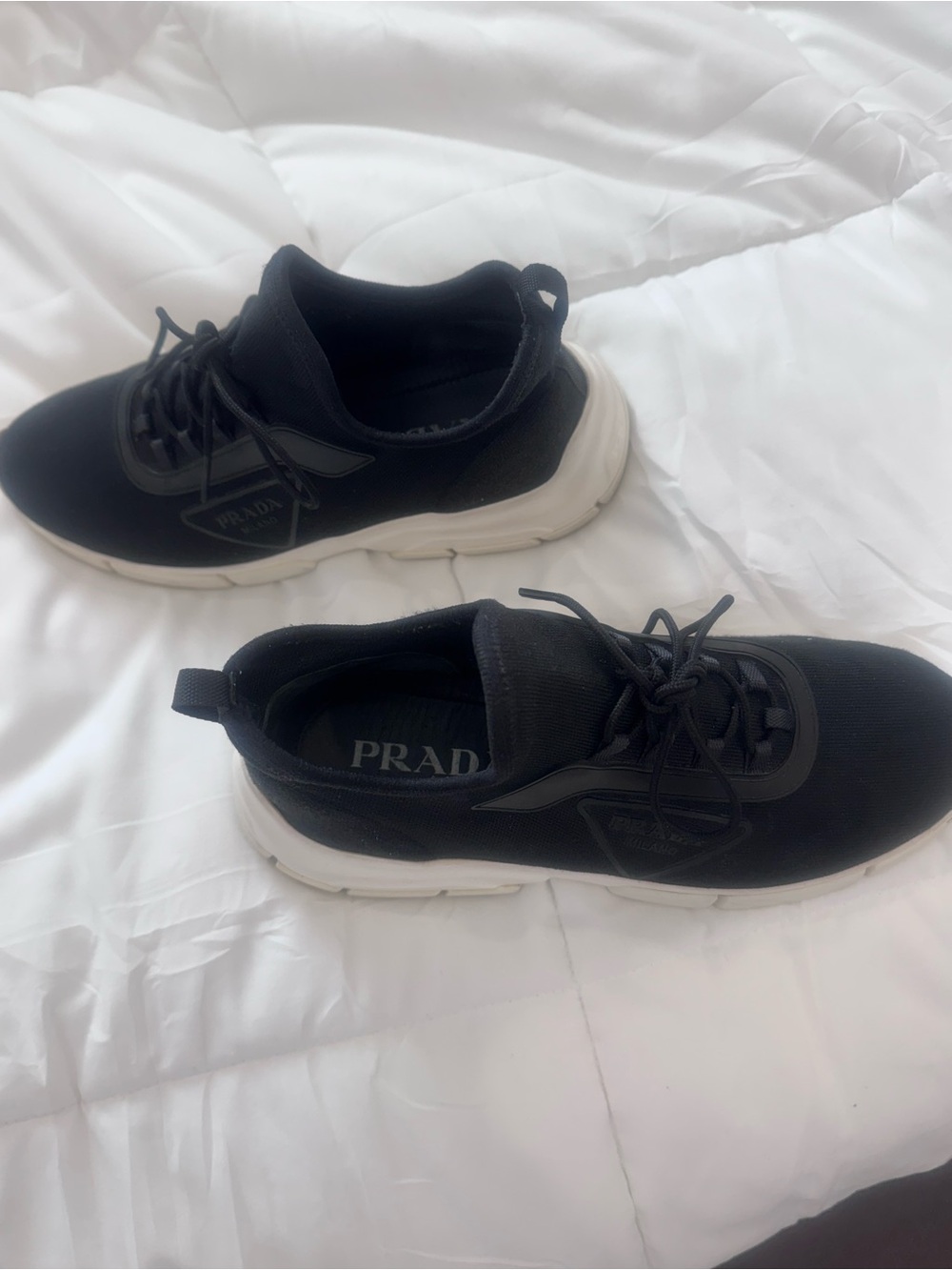 Prada Woman’s Slip ons. Black Knit Athletic Sneakers. Extra laces.